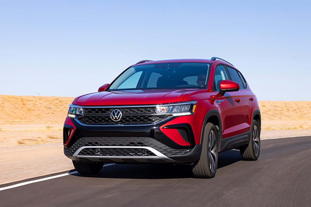 2022 Volkswagen Taos Front Left Side in Kings Red.
